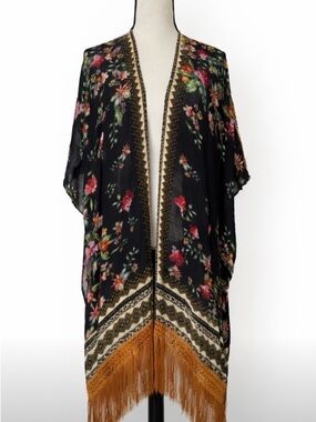 Boho Fringe Kimono Floral Duster Festival Whimsigoth Hippie Western Beach Cover
